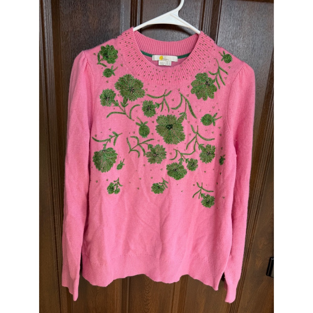 Boden Women's 10 sweater with intricate green beaded floral fairy-tale-inspired